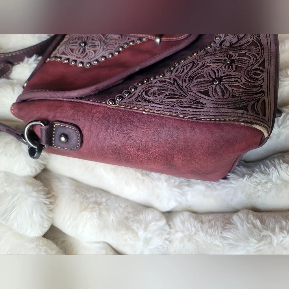 Montana West Beautifully Embossed Burgundy/Red‎ Wine Western Handbag - Picture 3 of 15
